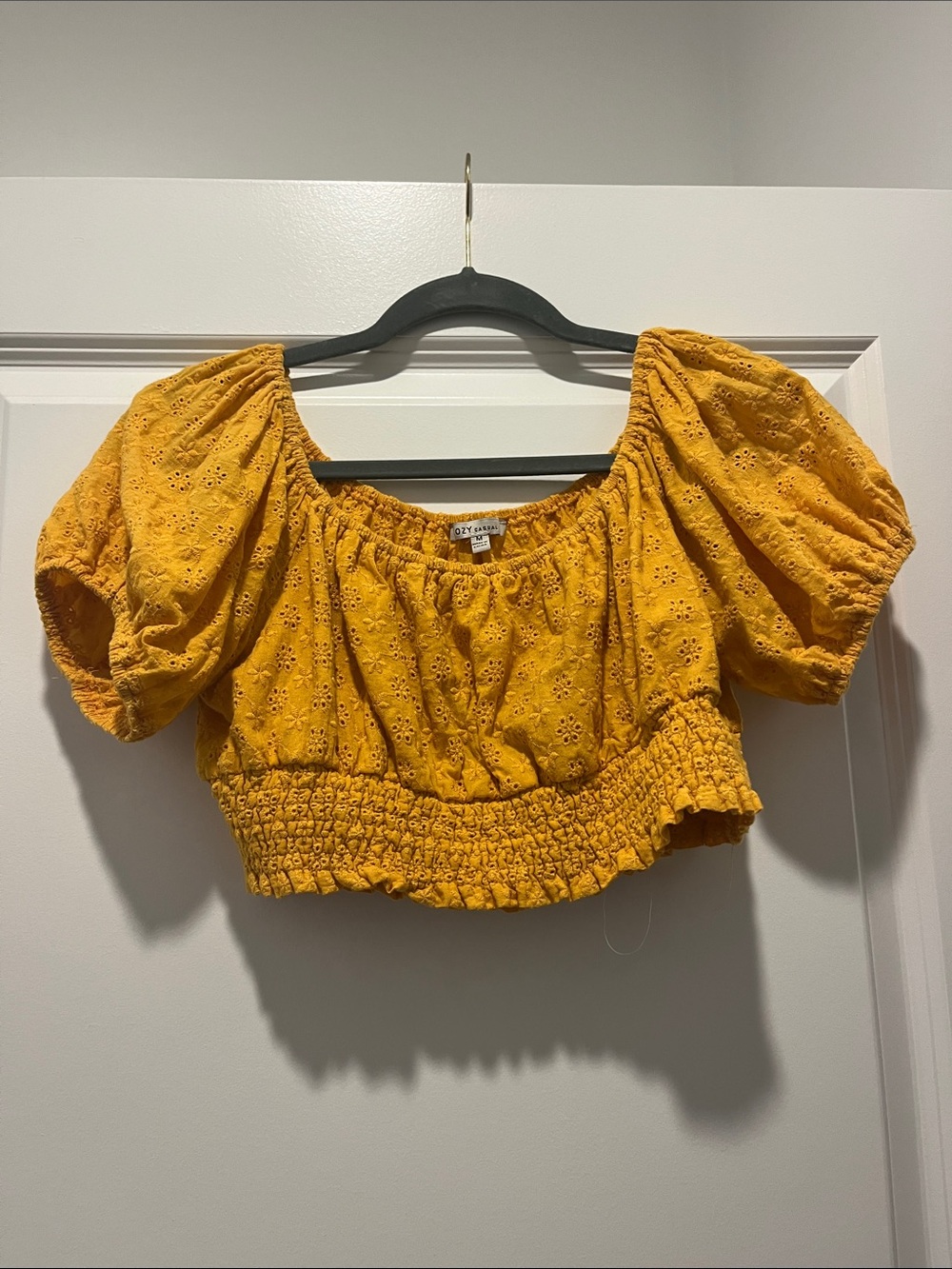 Apricot Lane Mustard Eyelet Puff-Sleeve Crop Top